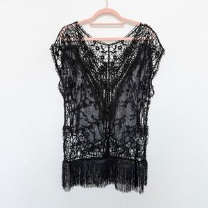 Y2K Womens Crochet Top Black Lace Fringe Sheer Whimsigoth Witchy Fairy‎ Grunge
